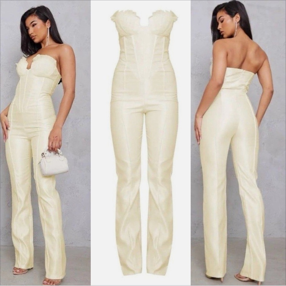 PLT Women Cream Organza Cup Detail Corset Satin Bandeau Jumpsuit